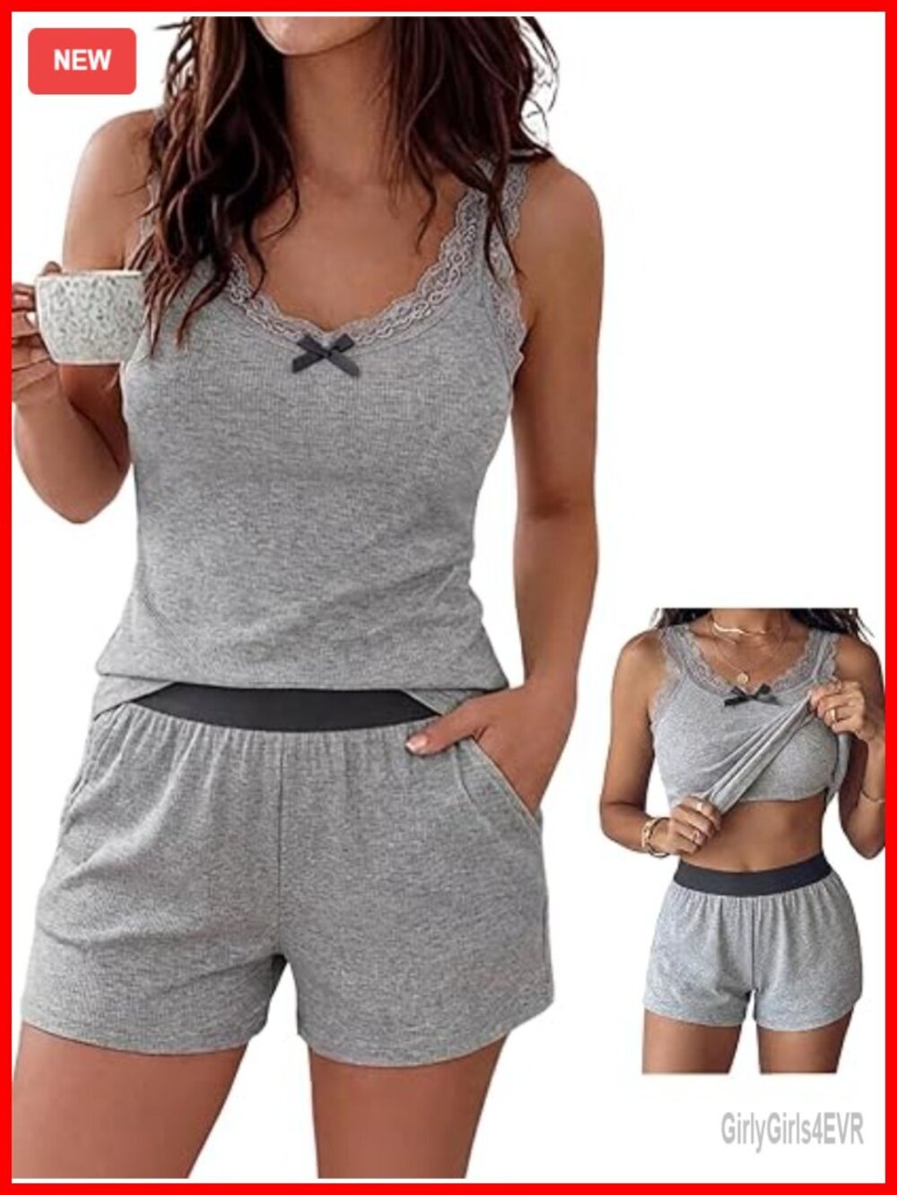 Women's 2 Piece Pajama Set with Built-in Bra Ribbed Tank and Shorts Lace